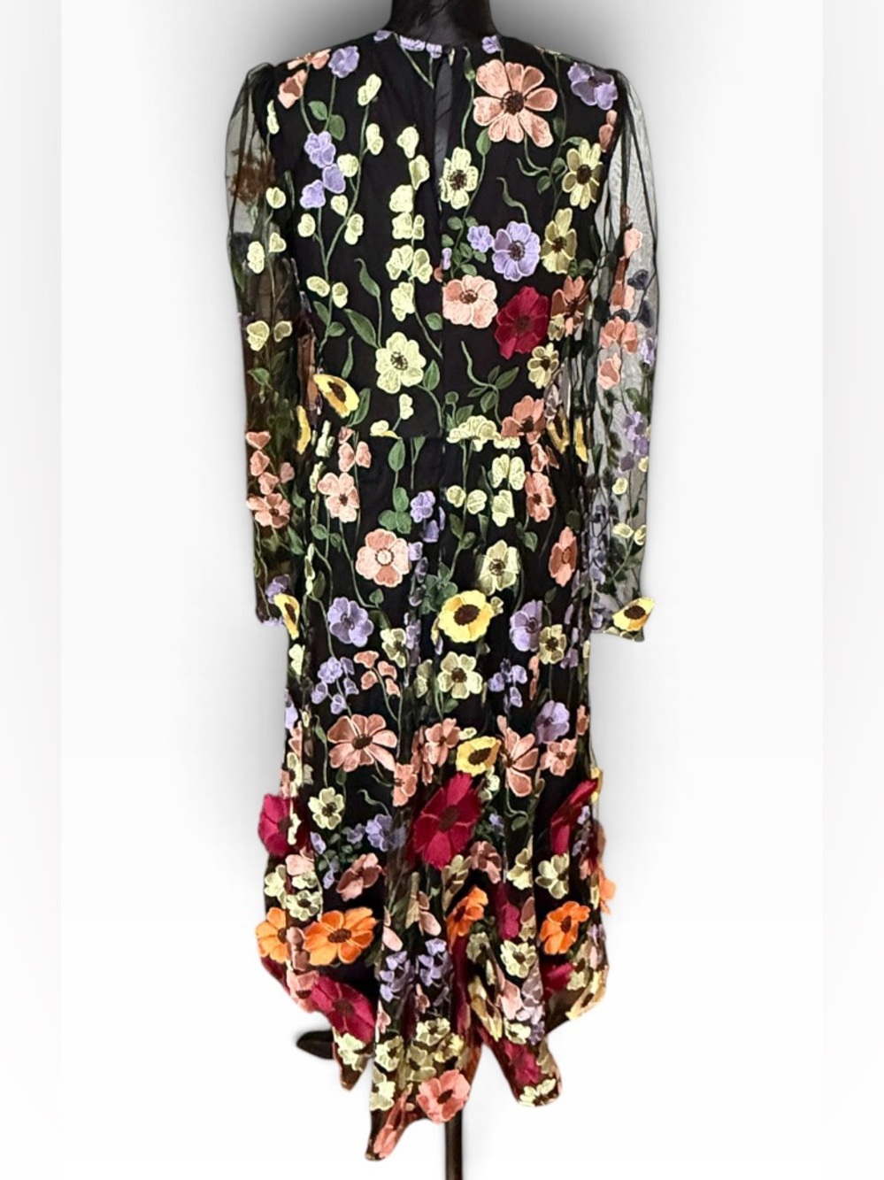 Lulus Black Floral Embroidered Sheer Sleeve Midi Dress Large - Picture 3 of 11